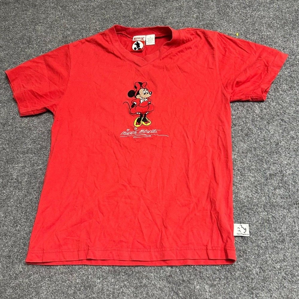 Mickey Inc T-Shirt Womens Size S Red Minnie Mouse V-Neck Cotton Graphic Stain